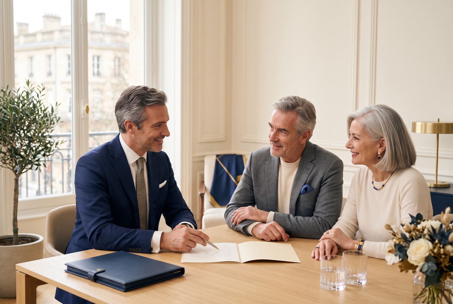 Un conseiller Happy Capital Patrimoine en rendez-vous avec un couple de dirigeants